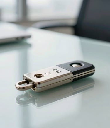 Macro photography of a modern encrypted hardware security key lying on a clean glass desk in a bright US corporate office, soft morning light, bright blue and off-white color palette.
