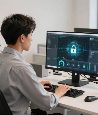 A professional analyst in a North American office setting, viewed from the side, focusing on a high-resolution monitor displaying abstract security data patterns, clean lighting, off-white and dark gray surroundings.