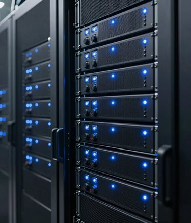 A high-end, professional server room in a North American tech facility with glowing blue LED indicator lights on modern black server racks, shallow depth of field, sharp photography style.