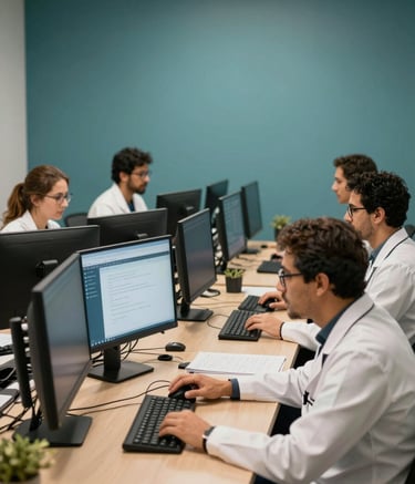 Wide shot of a modern, collaborative workspace in Brazil where health specialists work at desks with multiple monitors, focused and professional atmosphere, medium teal wall colors.