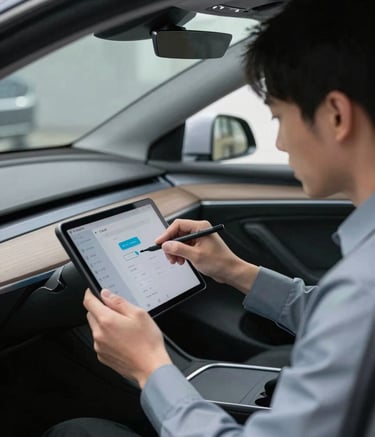 A side view of a modern car interior where a technician connects a tablet-like programming tool to the dashboard. The atmosphere is professional and tech-focused, with lighting that emphasizes soft white and slate blue highlights on the equipment.