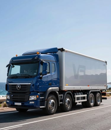 A professional wide shot of a modern heavy-duty cargo truck parked on a coastal road in the Islas Canarias, bright daylight, clear sky, reflecting a professional and clean transport industry aesthetic with deep blue and light blue tones.