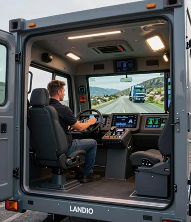 Interior view of a high-tech LANDER SIMBIO heavy vehicle simulator installed inside a sleek mobile container, professional lighting, showing advanced training technology for professional drivers in Islas Canarias.