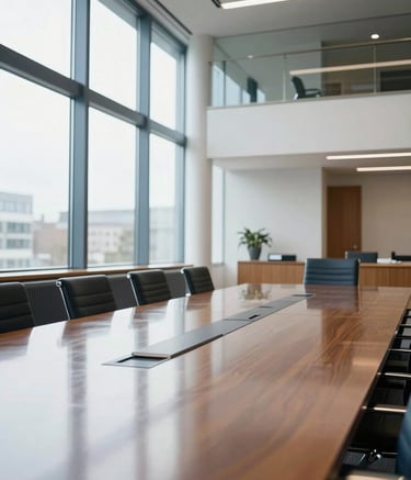 The interior of a prestigious, modern law firm in Germany. A large, polished meeting table reflects the bright light from tall windows. The atmosphere is quiet, professional, and impeccably clean, featuring steel blue and off white decor.