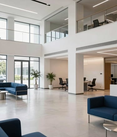 A wide shot of a modern, clean office lobby in Central Europe. The floors are gleaming, and the space feels airy and professional. Subtle accents of steel blue furniture complement the bright off white walls.