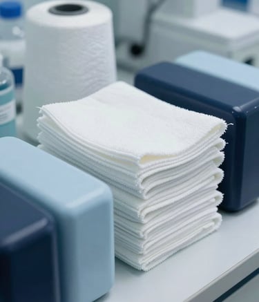 A close-up photograph of high-quality cleaning equipment and specialized microfiber cloths in a bright, sterile medical laboratory setting. The lighting is crisp and emphasizes purity. Touches of pale blue and navy colors appear in the equipment. Central European / German professional standard.