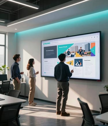 Wide-angle photograph of a modern, open-concept North American tech office. Three professionals are collaborating around a large, wall-mounted screen displaying strategic web designs, illuminated by soft sunlight and sophisticated cyan ambient lighting.
