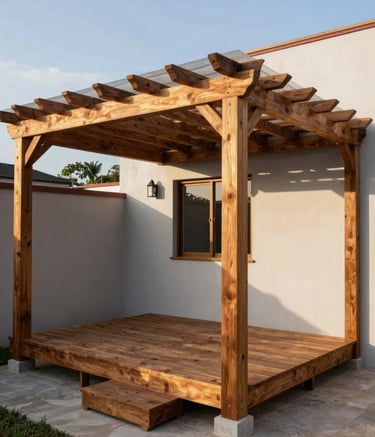 A wide-angle shot of a newly constructed wooden deck and pergola in a residential South American / Latin American backyard. The wood is a warm brown, contrasting with pearl grey walls. The scene is illuminated by soft afternoon sunlight, showcasing high-quality carpentry and structural integrity.