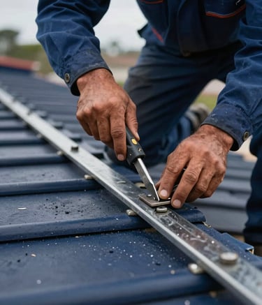 A close-up of a professional in South American / Latin American work uniform installing dark navy blue zinguería on a roof. Focus is on the tools and the precise metalwork, emphasizing craftsmanship and reliability.