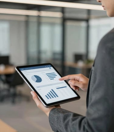 A close-up shot of a professional property manager in a charcoal grey suit reviewing digital analytics on a tablet, with a blurred background of a modern commercial office space. The lighting is soft and natural, emphasizing textures of metal and glass. Incorporates a palette of #4A6572 and #1E272C.