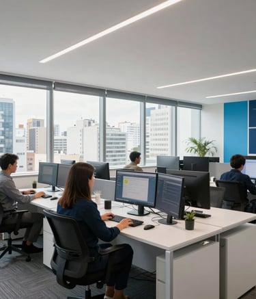 Wide shot of a bright, modern corporate office in Brazil. Professionals work at sleek white workstations with multiple monitors. Large windows show a urban cityscape. Decor features navy blue and light blue accents.