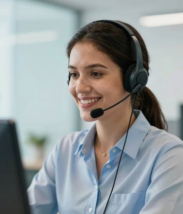 Medium shot of a professional South American customer service representative wearing a modern headset, smiling warmly. The background is a clean office environment with soft focus, featuring light blue and white color tones.