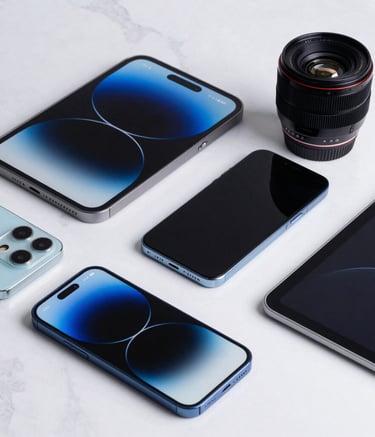 High-end studio photography of premium smartphones and tablet devices neatly arranged on a white marble surface. Soft blue lighting accents reflect off the screens, creating a modern and professional South American business atmosphere.