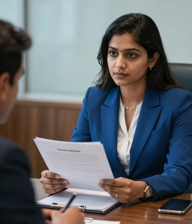 A medium shot of a professional South Asian female Chartered Accountant discussing documents with a client in a sophisticated boardroom, soft sky blue and professional royal blue color palette, expert guidance mood.