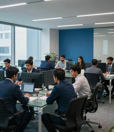 A wide shot of a clean, modern corporate office in Gurugram, South Asian professionals collaborating at glass desks, deep navy blue and sky blue office decor, sharp focus, cinematic corporate lighting.