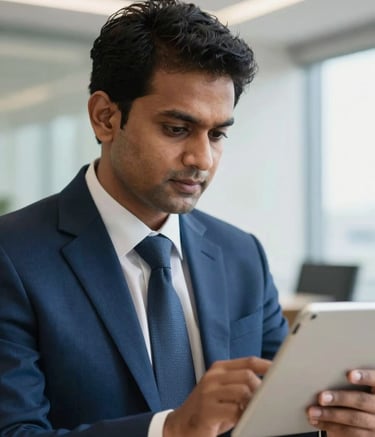 A close-up of a professional South Asian male in a formal suit looking at a tablet in a bright, modern Bangalore office with professional royal blue and off-white accents, soft natural lighting.
