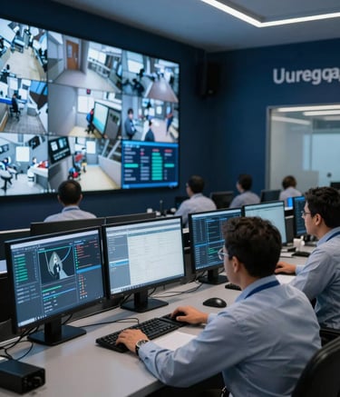 A high-end, modern security monitoring center in Uruguay, featuring professional operators viewing multiple screens with surveillance feeds and data analytics. The lighting is sophisticated, using steel blue and dark navy tones to convey a premium corporate environment.