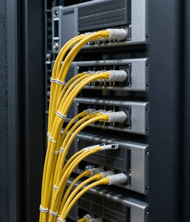 Close-up of professional networking infrastructure, showing tidy fiber optic cables and server racks in a modern South American data center. Minimalist composition with clean lines, emphasizing technical precision and advanced technology.