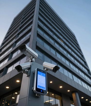 External view of a modern corporate building in Montevideo with integrated smart technology. Low-angle shot showing security cameras and energy-efficient lighting features under a clear twilight sky, creating a professional and trustworthy atmosphere.