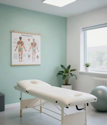 A modern, clean physiotherapy clinic room. It features a professional treatment table, anatomical charts on the wall, and equipment like exercise balls. The room is filled with bright, natural light and features #4C706F and #F5F8F7 tones.