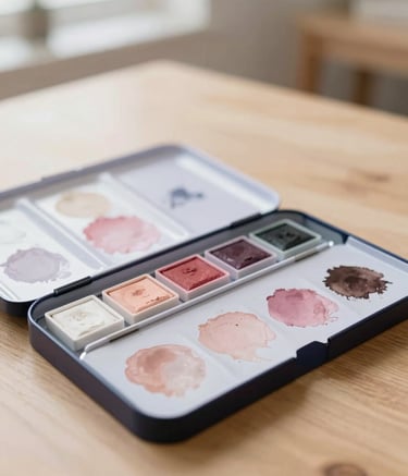 A close-up photograph of a professional watercolor palette with soft pools of pale blush and muted rose paint. Clean wooden table background in an airy, sun-drenched North American studio space. Minimalist and peaceful composition.