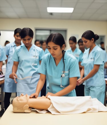 Students practicing patient care in a well-equipped hospital ward.