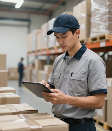 A professional logistics operative in a clean uniform using a tablet to scan packages inside a bright, modern Madrid warehouse. The atmosphere is efficient and corporate, with a color scheme of Light Gray and Dark Navy.