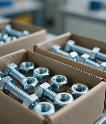 Detailed macro photography of metallic nuts and bolts being precisely packaged into durable cardboard boxes. The scene is a clean, modern industrial facility in Madrid, with soft natural light highlighting the texture of the metal. The palette features Steel Blue and Muted Gray-Blue tones.