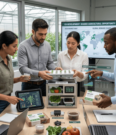 Diverse team of agritech scientists reviewing smart farming sensor data and hydroponic plant growth kits.