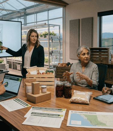 Agricultural business team reviewing private label food packaging and distribution logistics in a greenhouse office.