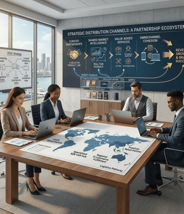 Professional team analyzing a strategic distribution partnership ecosystem and global logistics map on a digital table.