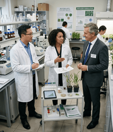 Scientists in a laboratory discuss agricultural research with a businessman near plant samples and lab equipment.