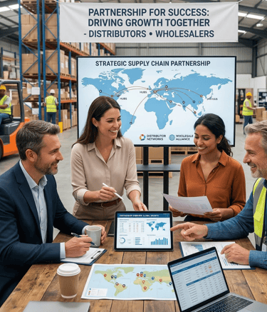 Logistics team discussing global supply chain strategy in a warehouse with forklifts and inventory.