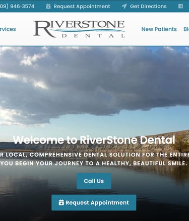 RiverStone Dental website header featuring a scenic river landscape in Richland, WA.