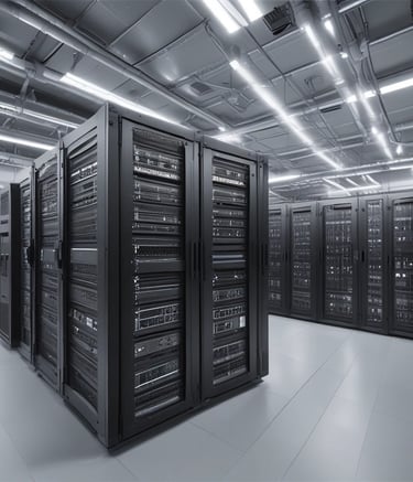 Modern office server room with organized LAN cables and racks