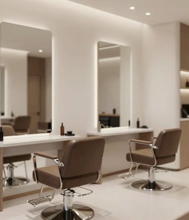 Modern and sophisticated interior of the Alan Ribeiro Silva salon. Sleek mirrors, professional hairdressing chairs in #262A2D, and soft atmospheric lighting. The design is clean and intuitive, reflecting excellence and modern luxury.