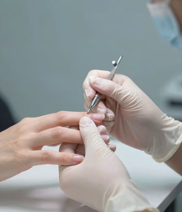 Close-up of a professional manicure being performed in a high-end salon. The focus is on precision and care. The background features soft #6B7A8F blue tones and clean #F2F4F7 surfaces. Elegant lighting highlights the sophistication of the service.