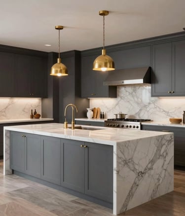 A wide-angle interior shot of a luxury Los Angeles kitchen featuring a large warm white marble island, charcoal gray cabinets, and gold pendant lights. Professional architectural photography, sophisticated and inviting mood.