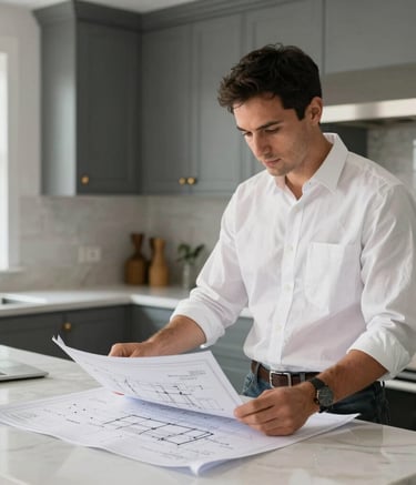 A professional contractor in a clean white shirt reviewing blueprints in a bright, modern Los Angeles kitchen with charcoal gray cabinetry and gold hardware. High-end lifestyle photography, soft natural light.