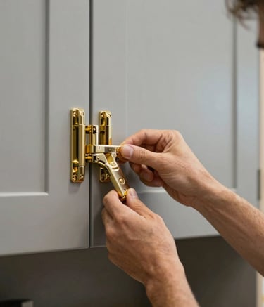 Detailed close-up of a craftsman's hands installing a high-end custom cabinet door with rich gold hinges. Modern workshop setting in North American / US - Los Angeles, focused lighting, premium feel with muted gray backgrounds.