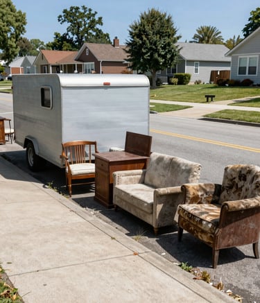 A clean white box truck with the Cargo Junk Removal logo driving down a sunny suburban street.