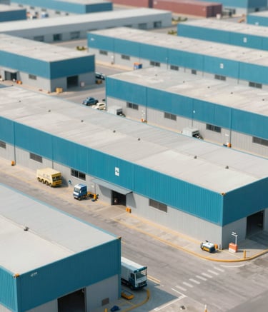 A high-angle shot of a clean, modern commercial port or warehouse distribution center during the daytime. The scene is bright and organized, incorporating colors like #3E6C8C and #CCD6E0 in the containers and architectural details. The mood is efficient, professional, and reliable.