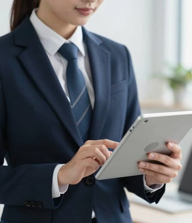 Close-up photography of a professional tax consultant in North American business attire using a digital tablet. The setting is a clean, well-lit office with professional decor in cloud white and dark navy blue, emphasizing accuracy and modern technology.