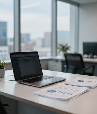 A modern, brightly lit North American corporate office interior. Focus on a sleek desk with a laptop and organized financial documents. Professional atmosphere with soft sky blue accents and a blurred city view through the window.