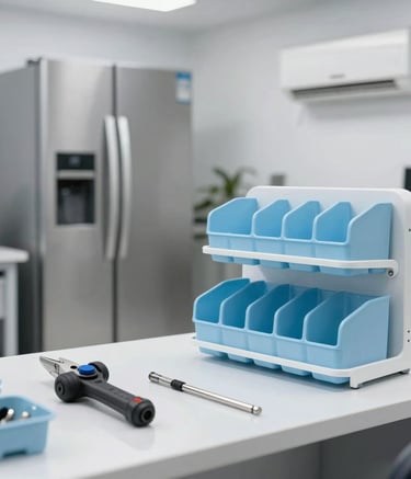 A modern professional workshop in Dubai featuring high-end tools for refrigerator and air conditioner repair. Sleek white surfaces, light blue organizational bins, clean and efficient workspace.