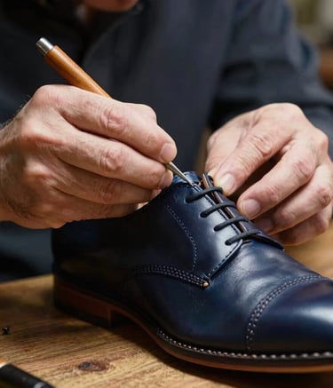 Close-up of an artisan's hands using a traditional curved needle to repair a leather shoe, warm focused workshop lighting, European craftsman style, deep navy and steel blue color palette.