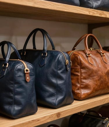 A row of expertly restored luxury leather handbags and travel bags displayed on a solid oak shelf, elegant side lighting highlighting the texture of the leather, Portuguese / European workshop setting, colors include deep navy and warm bronze.