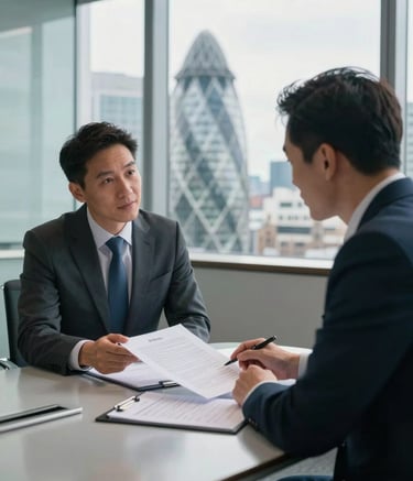 A professional financial consultation taking place in a bright, modern British boardroom with views of a United Kingdom business district. Two professionals are discussing documents on a sleek table. The atmosphere is sophisticated and reliable, utilizing a palette of dark charcoal and light blue.