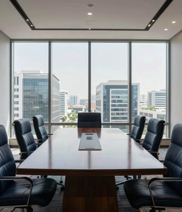 A minimalist, high-end executive boardroom in Lahore. A long, polished dark wood table is surrounded by dark navy blue leather chairs. Large windows show a clear sky and the clean architectural lines of a modern business district. The lighting is bright and professional.