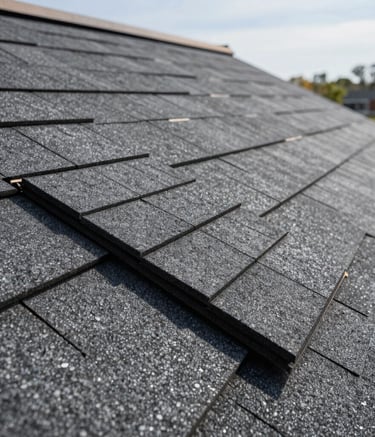 A close-up photograph of high-quality dark gray architectural shingles being precisely installed on a roof, showcasing the texture and professional craftsmanship, bright natural daylight, North American job site.